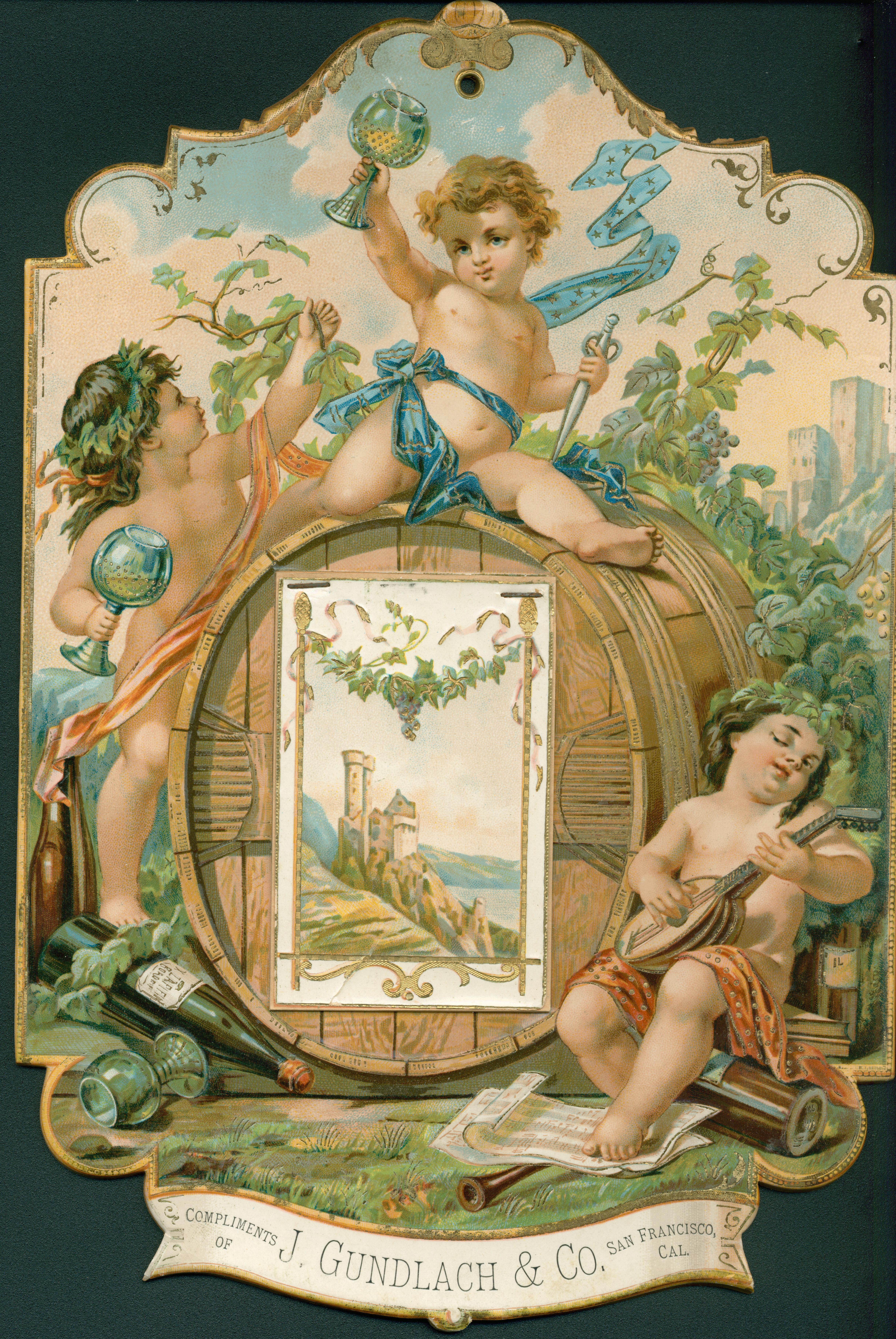 Calendar at center of barrel, on which lithograph of three lovely cherubs ring in the New Year.